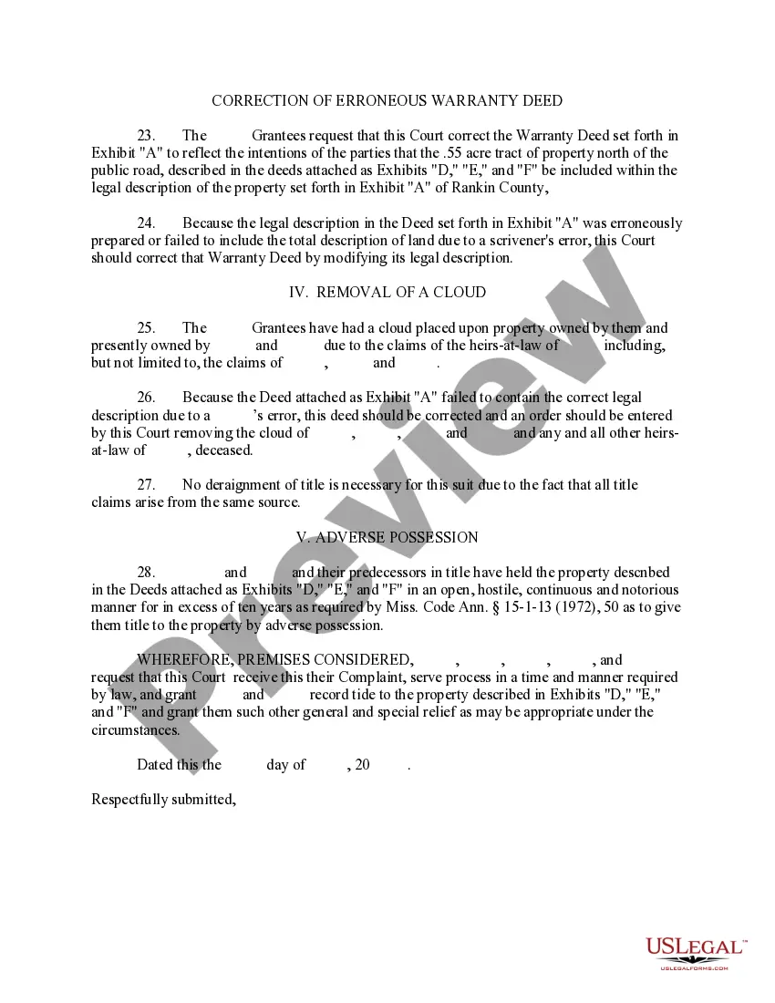 Preview Complaint to Correct Warranty Deed and to Remove a Cloud