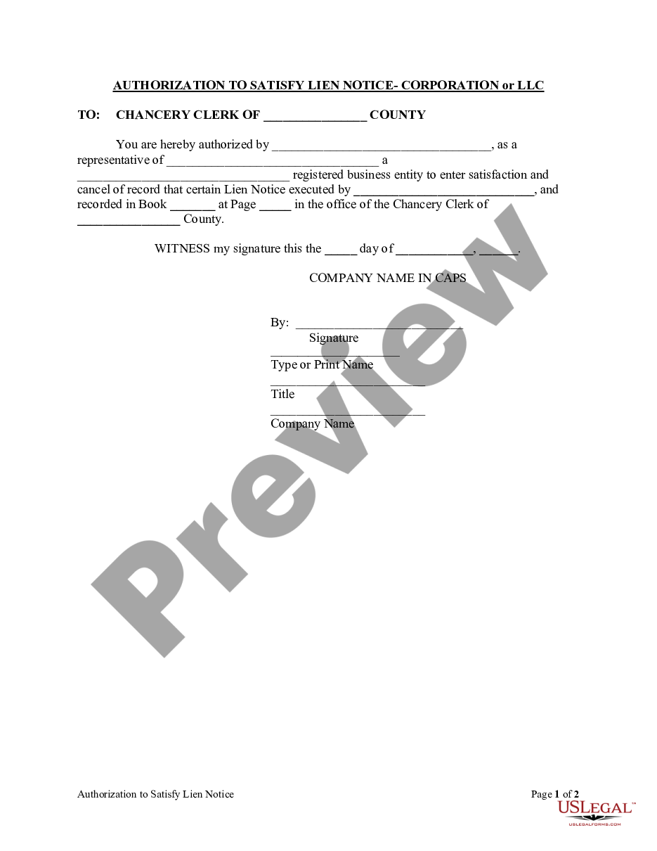 page 0 Authorization to Satisfy Lien Notice - Corporation or LLC preview