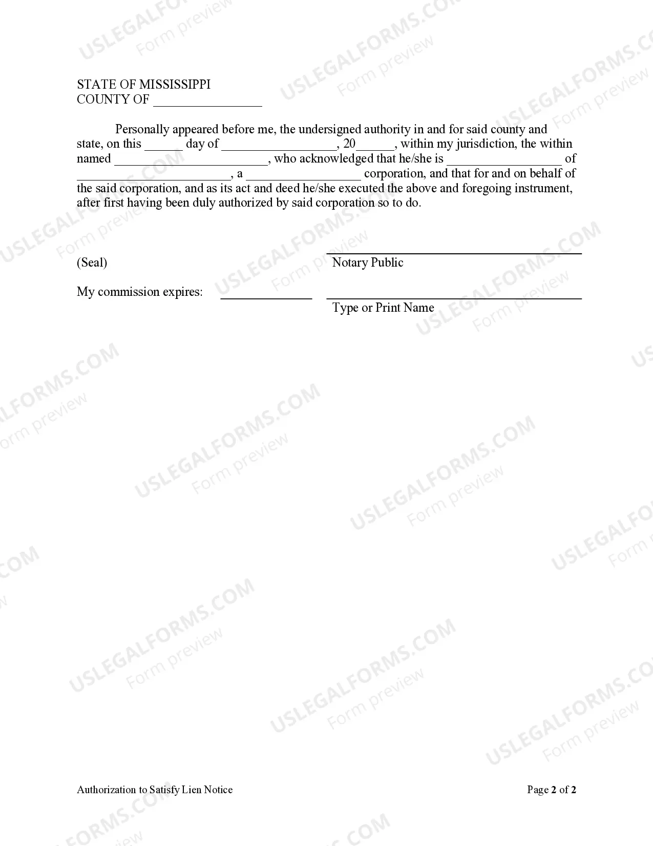 Preview Authorization to Satisfy Lien Notice - Corporation or LLC