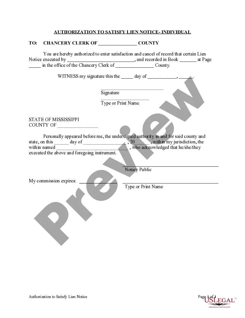 Get Authorization to Satisfy Lien Notice - Individual Preview Authorization to Satisfy Lien Notice - Individual