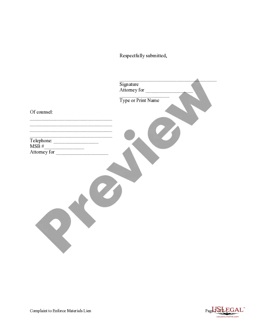 Preview Complaint to Enforce Materials Lien and for Other Relief- Corporation or LLC