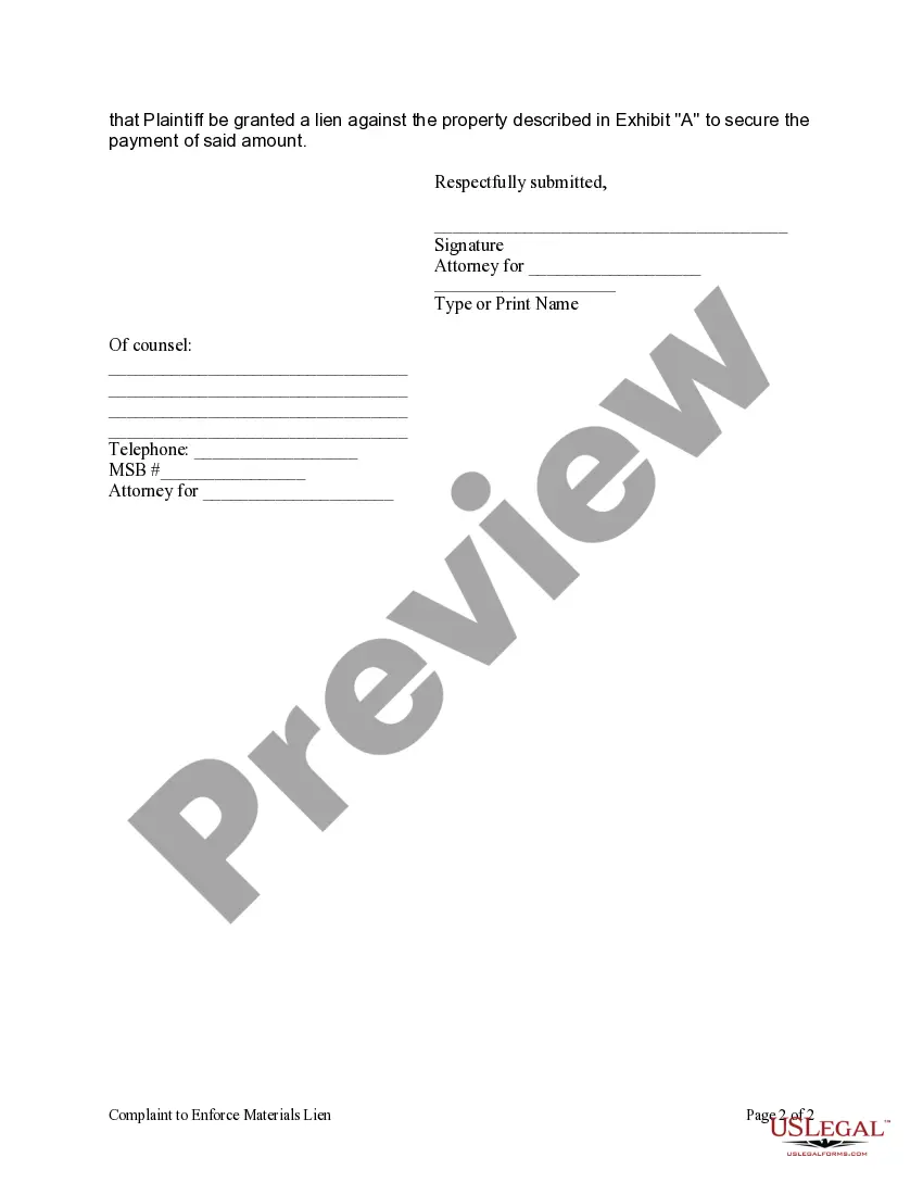 Preview Complaint to Enforce Materials Lien and for Other Relief - Individual