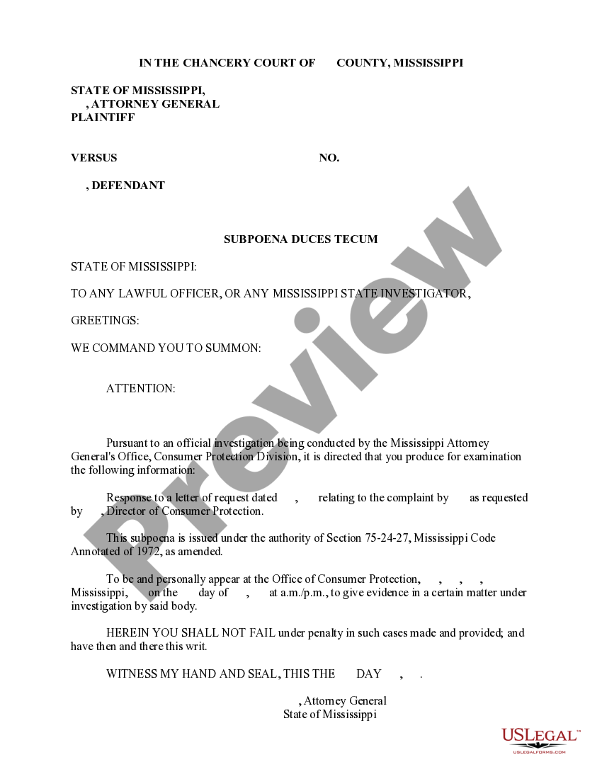 Mississippi Subpoena Duces Tecum Mississippi Subpoena Form US Legal Forms