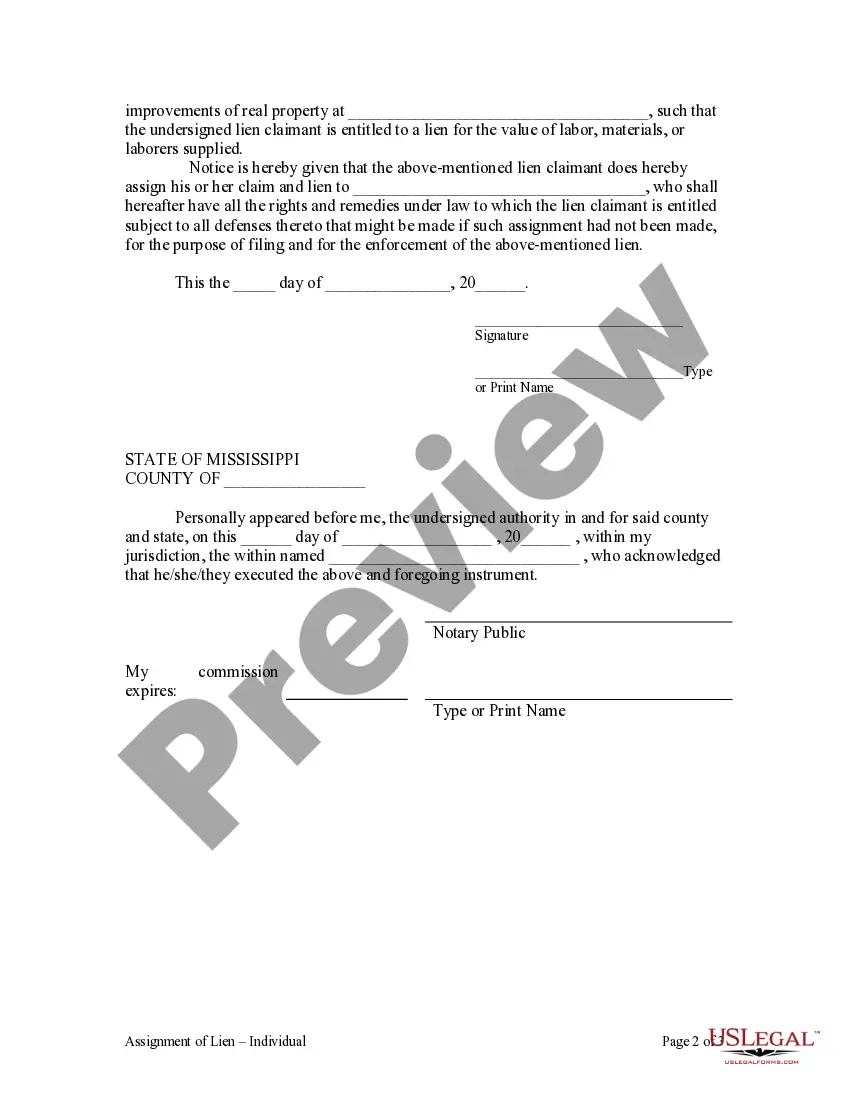 Preview Assignment of Lien - Individual