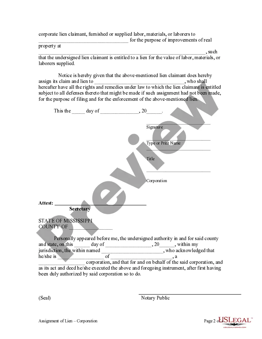 Preview Assignment of Lien - Corporation
