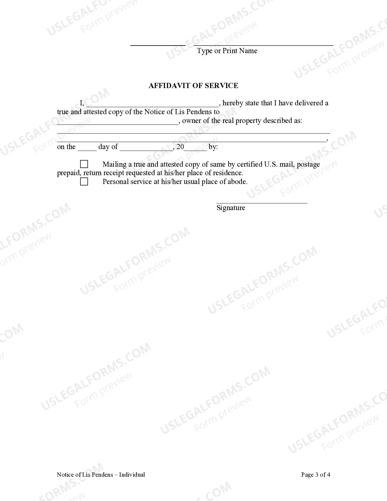 Preview Notice of Lis Pendens - Individual