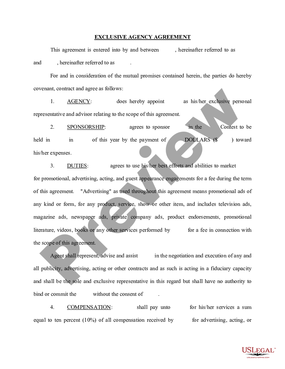 page 0 Exclusive Agency Agreement preview