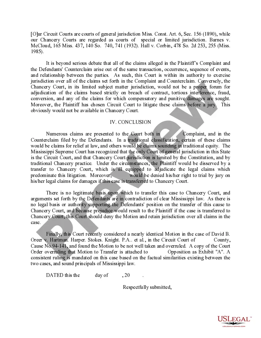 Preview Memorandum Brief in Opposition to Motion to Transfer Cause to Chancery Court