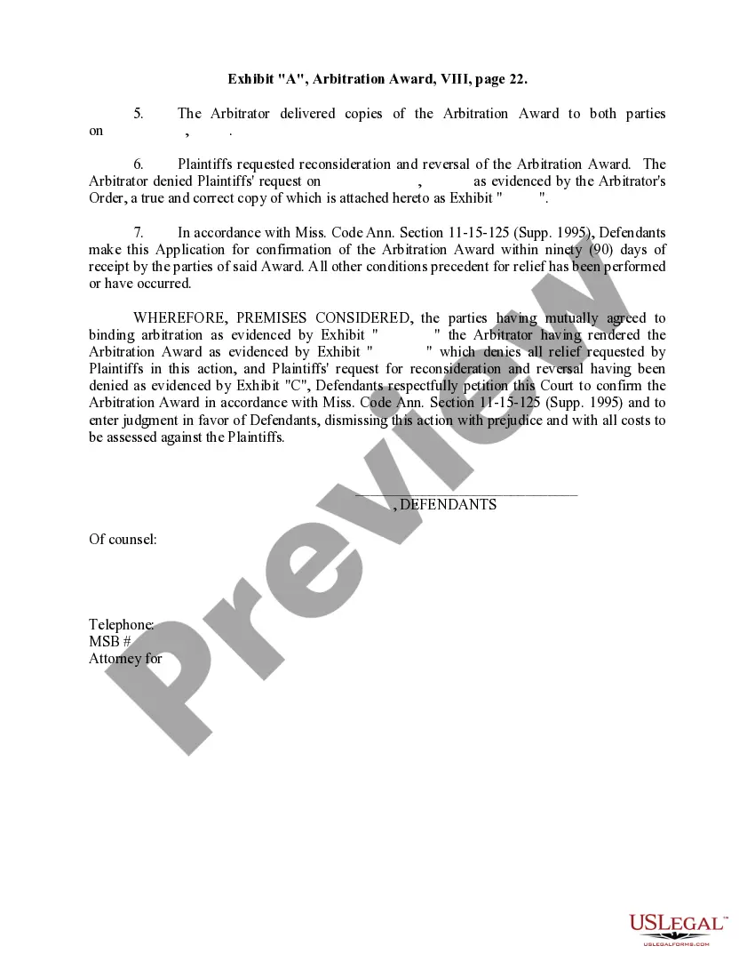 Preview Application to Confirm Arbitration Award and for Entry of Judgment