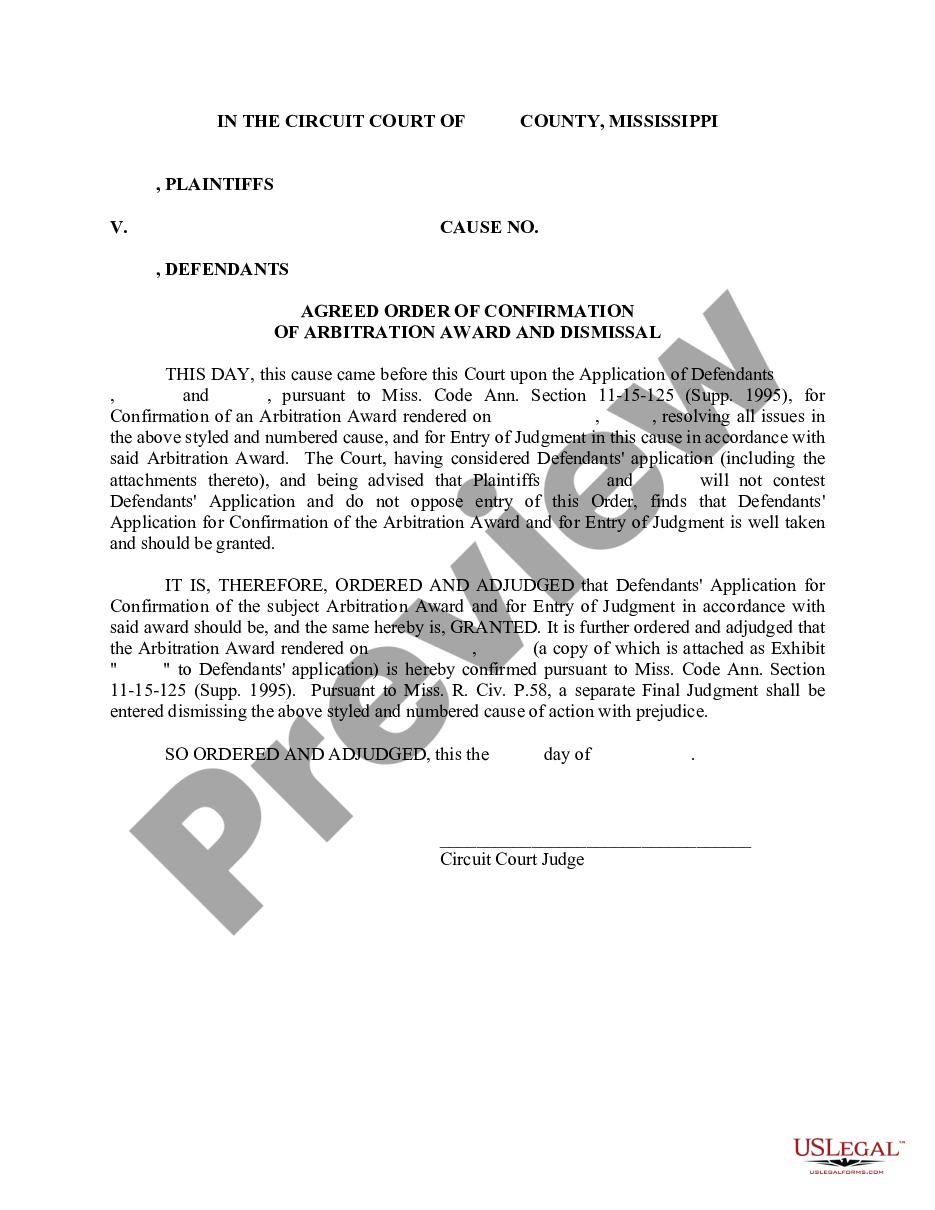 page 0 Agreed Order of Confirmation of Arbitration Award and Dismissal preview