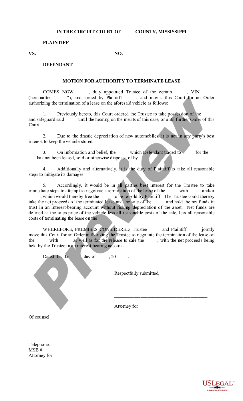 Mississippi Motion for Authority to Terminate Lease | US Legal Forms