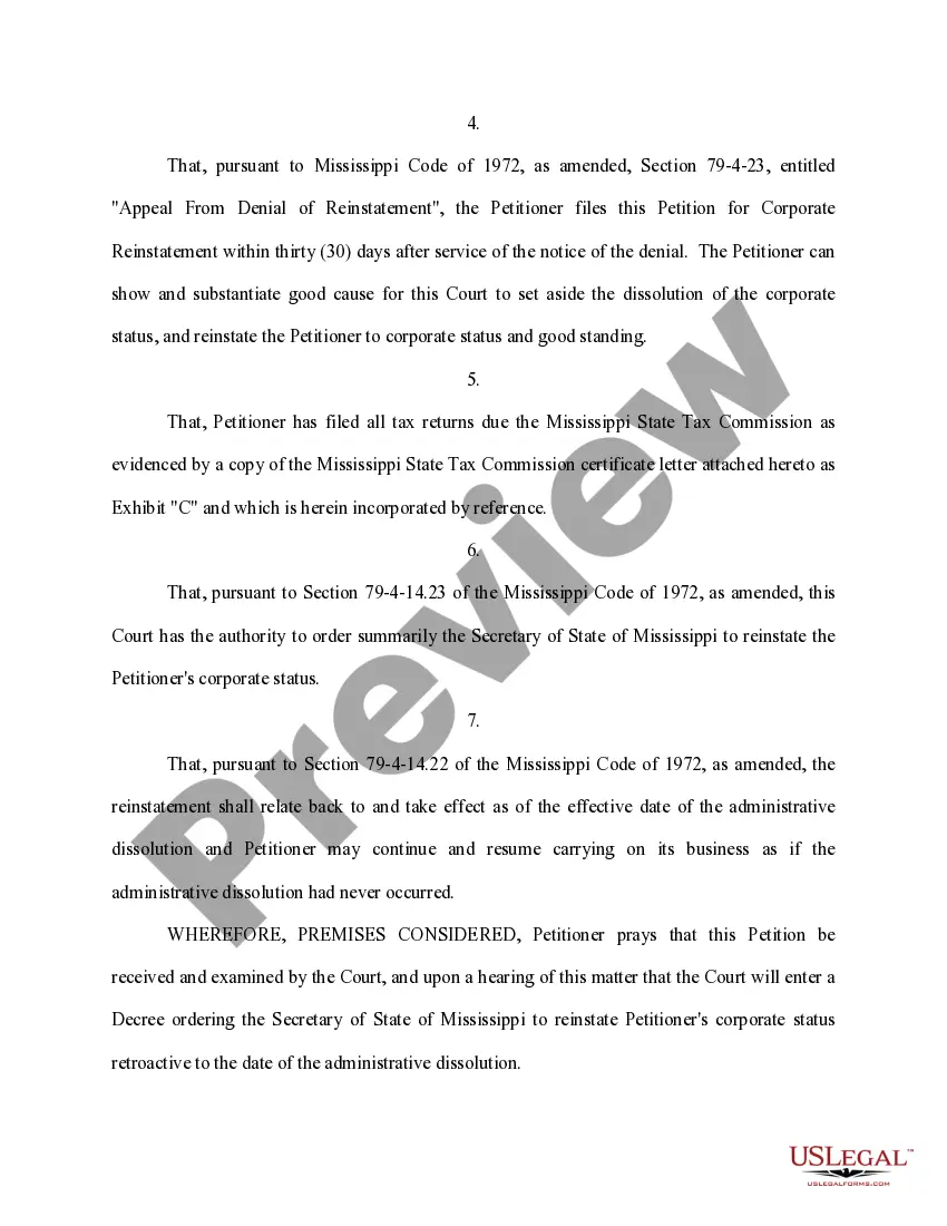 Get Petition for Reinstatement of Dissolved Corporation Preview Petition for Reinstatement of Dissolved Corporation