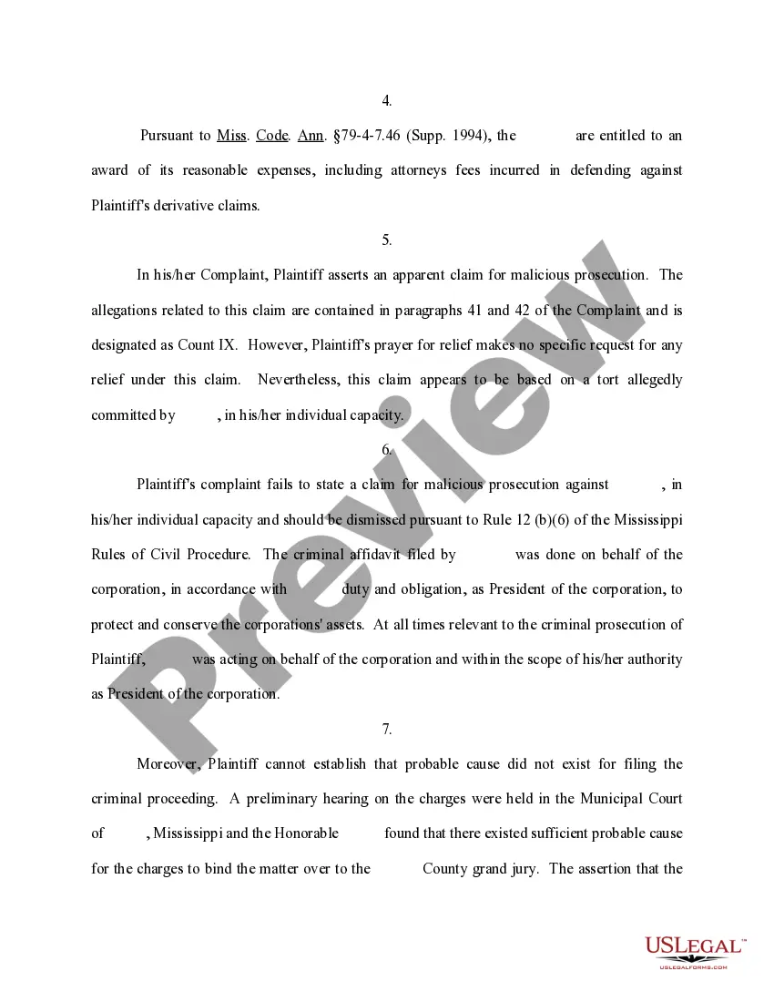 Preview Motion to Dismiss Shareholder Derivative Claims and Malicious Prosecution Claim or Alternatively to Sever and Transfer Malicious Prosecution Claim