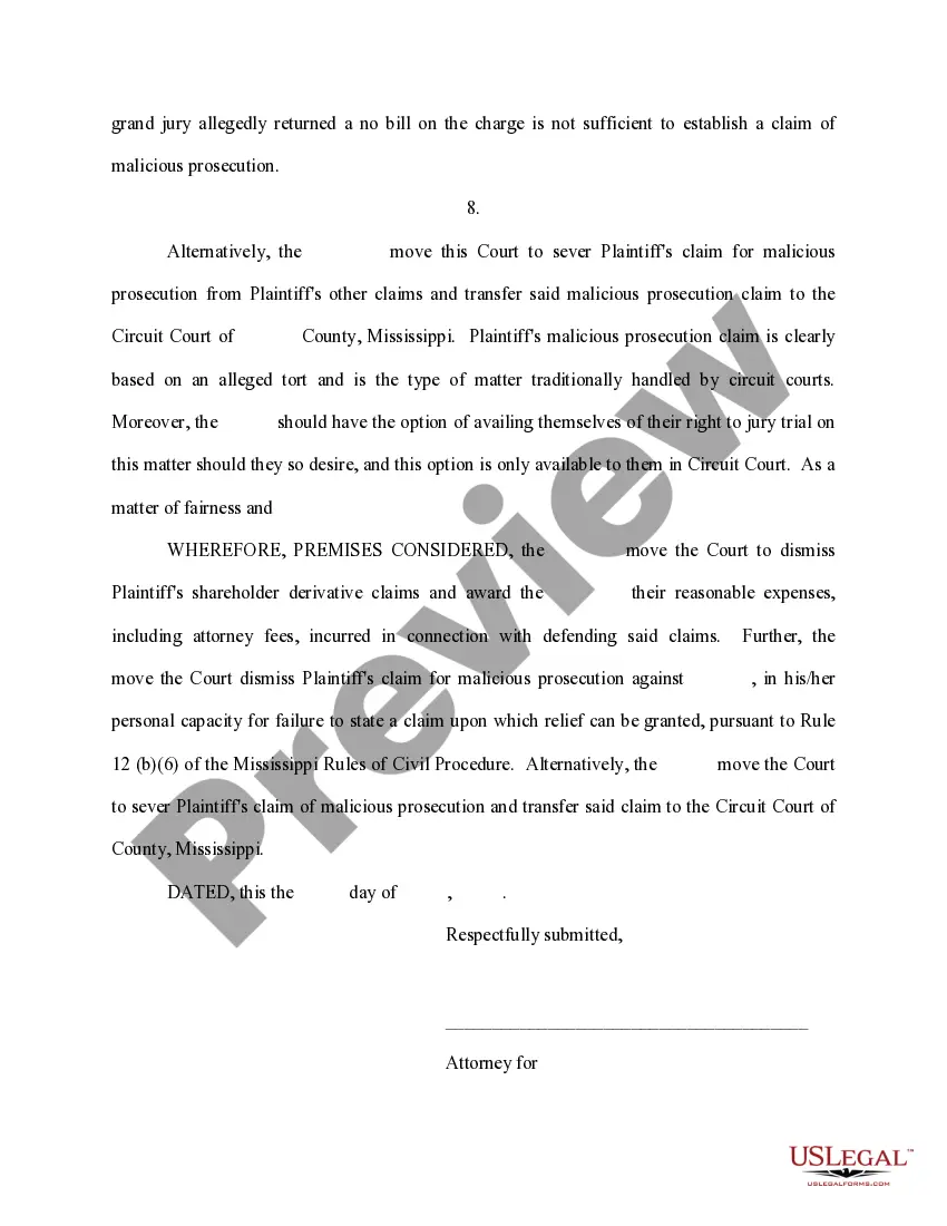 Preview Motion to Dismiss Shareholder Derivative Claims and Malicious Prosecution Claim or Alternatively to Sever and Transfer Malicious Prosecution Claim