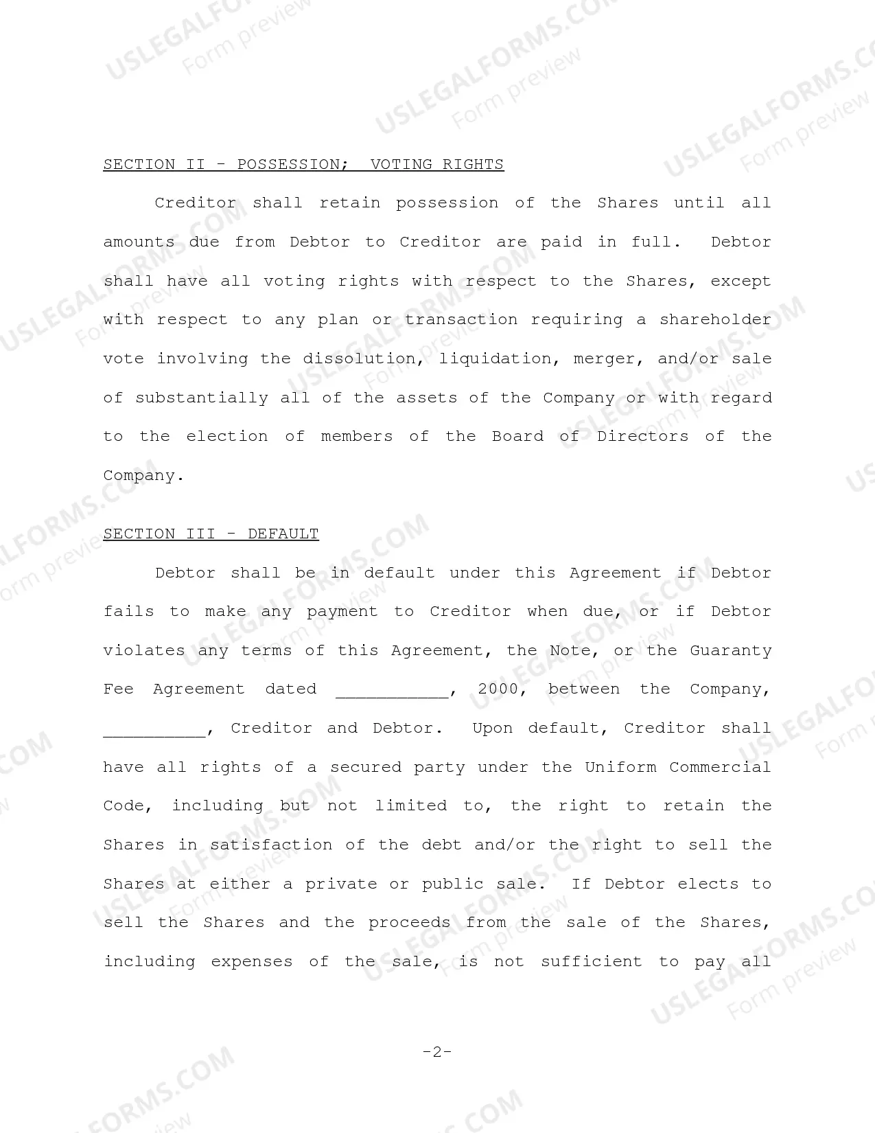 Preview Pledge of Stock Agreement