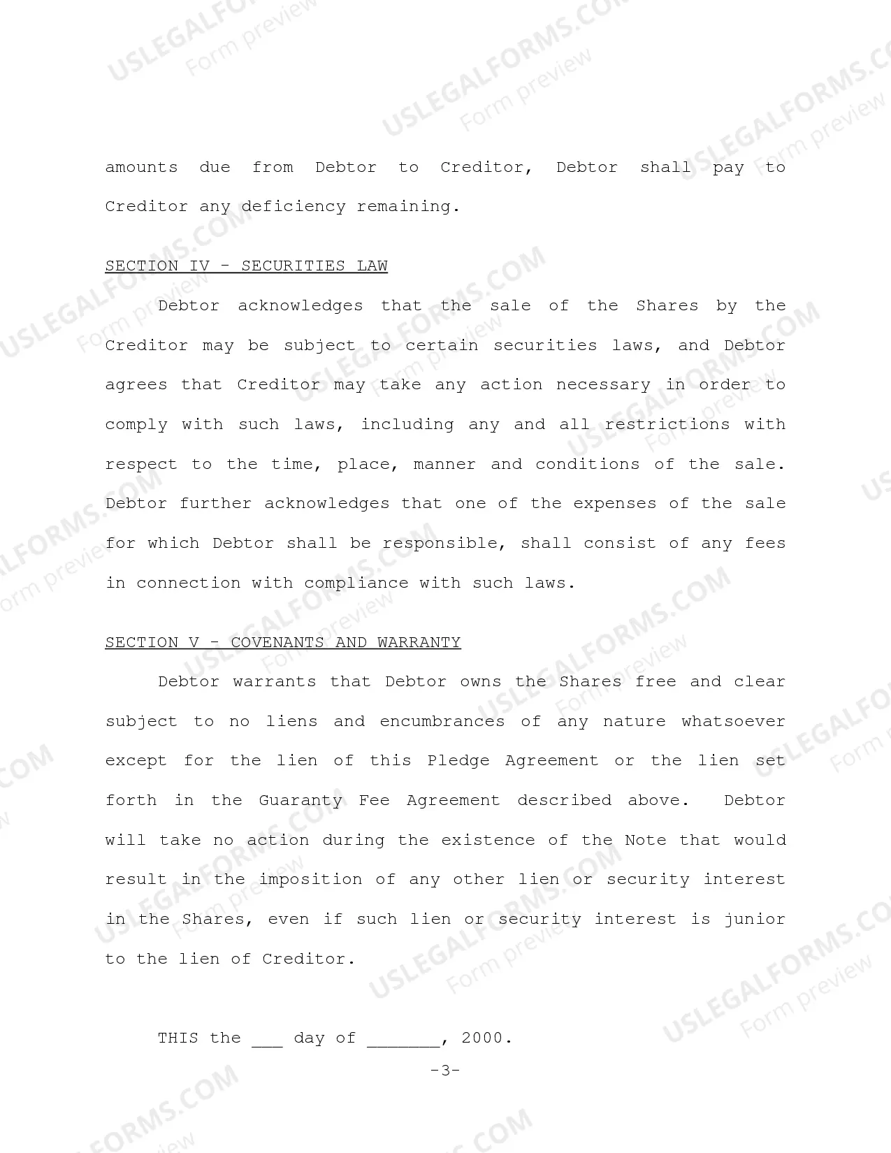 Preview Pledge of Stock Agreement