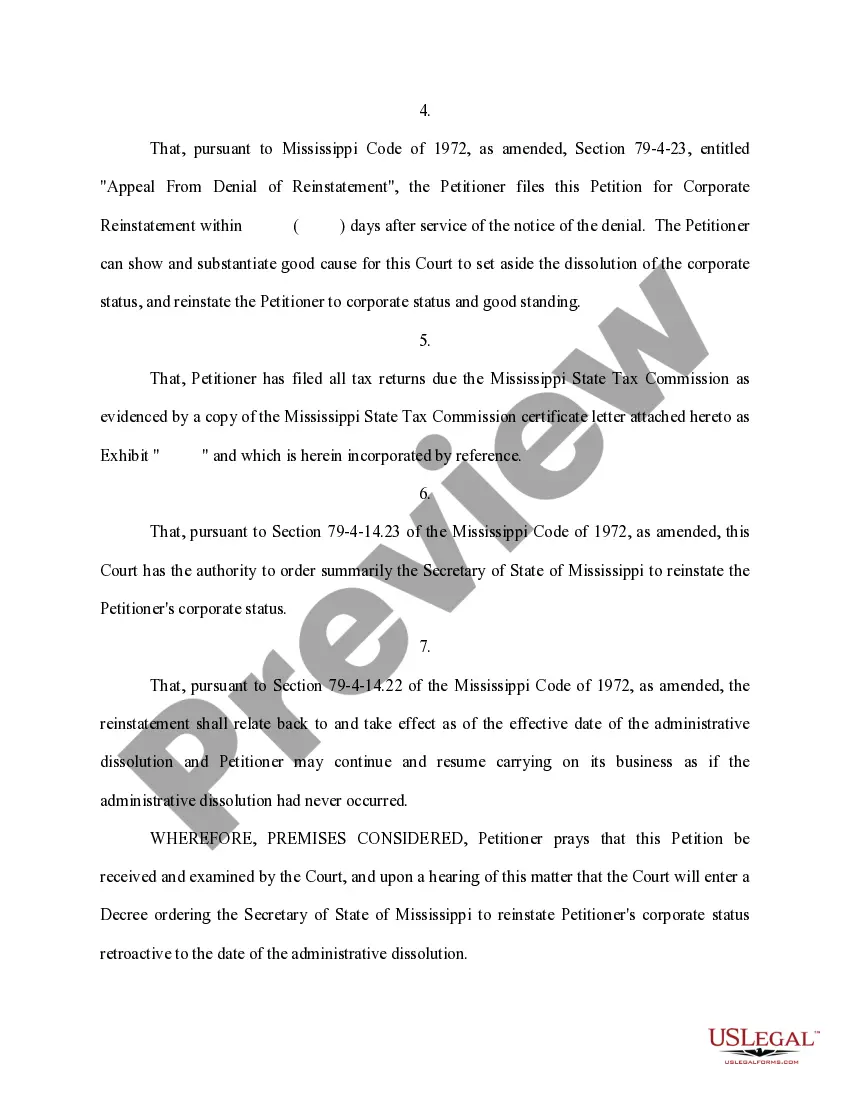 Get Petition for Reinstatement of Dissolved Corporation Preview Petition for Reinstatement of Dissolved Corporation