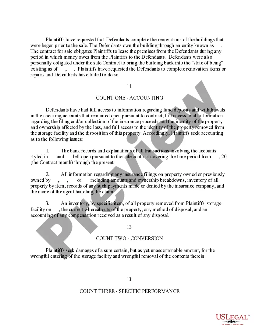 Preview Complaint for Accounting, Conversion, Damages Declaratory Judgment and for Specific Performance of Contract