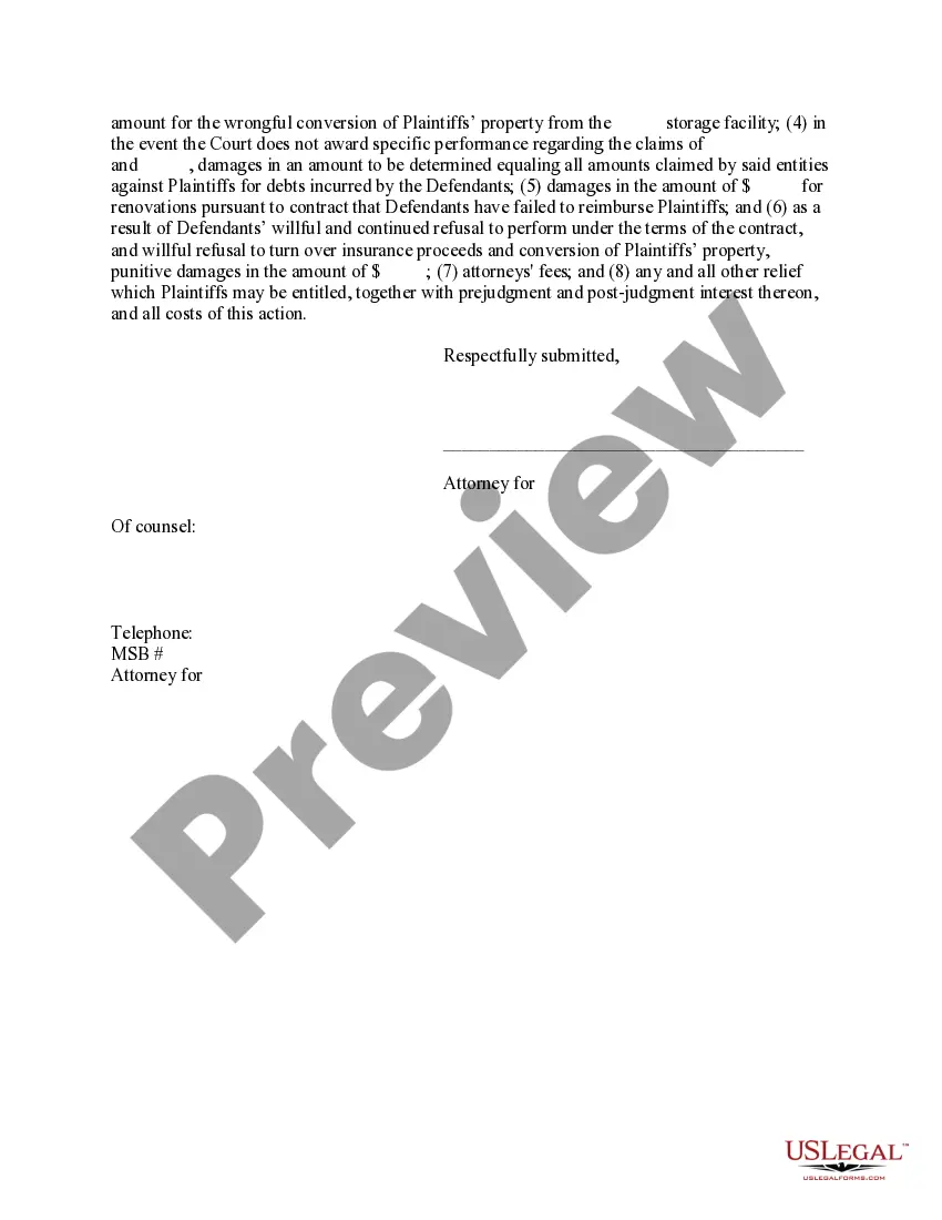 Preview Complaint for Accounting, Conversion, Damages Declaratory Judgment and for Specific Performance of Contract