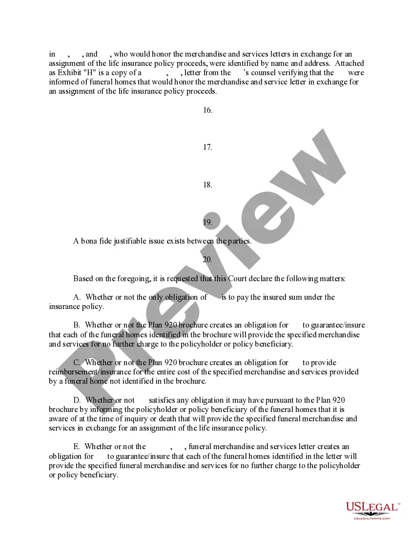 Preview Complaint for Declaratory Judgment and Interpleader Action