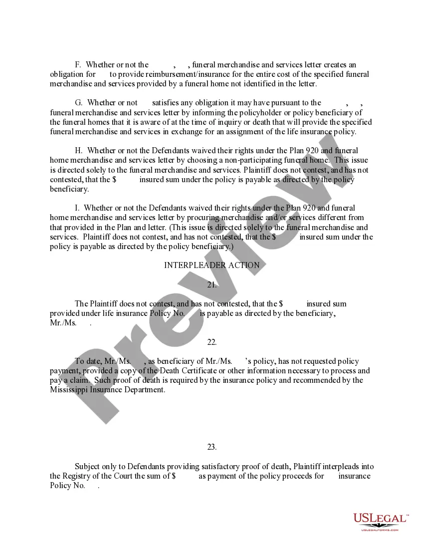 Preview Complaint for Declaratory Judgment and Interpleader Action