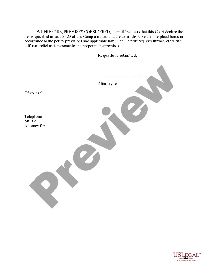 Preview Complaint for Declaratory Judgment and Interpleader Action