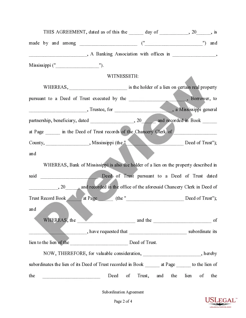 Preview Subordination Agreement of Deed of Trust