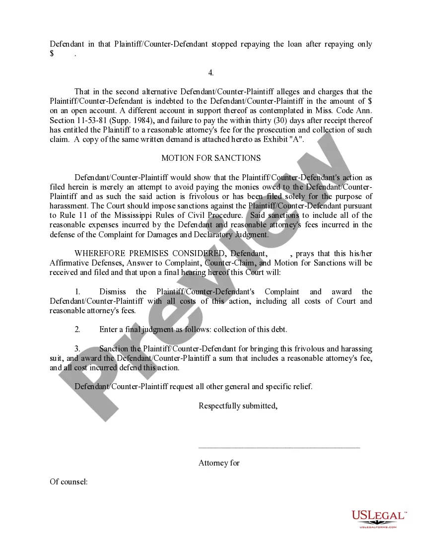 Preview Answers, Counterclaim and Motion for Sanctions