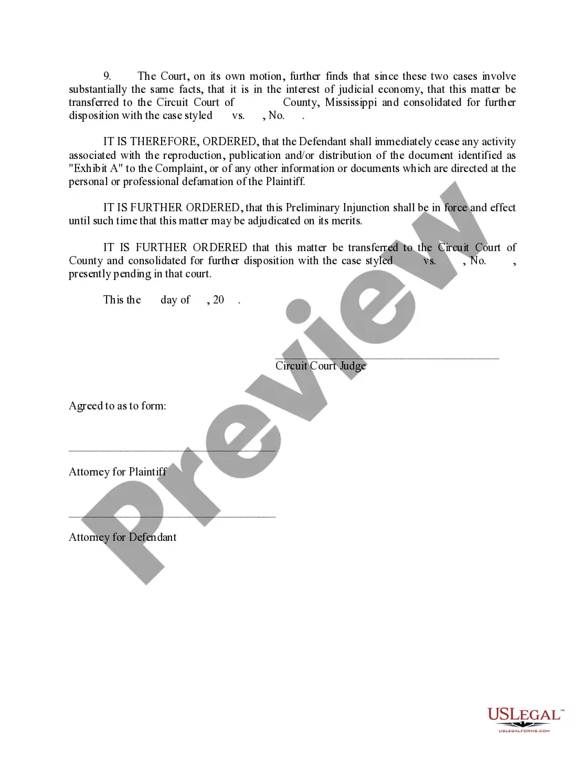 Preview Preliminary Injunction and Transfer and Consolidation Order
