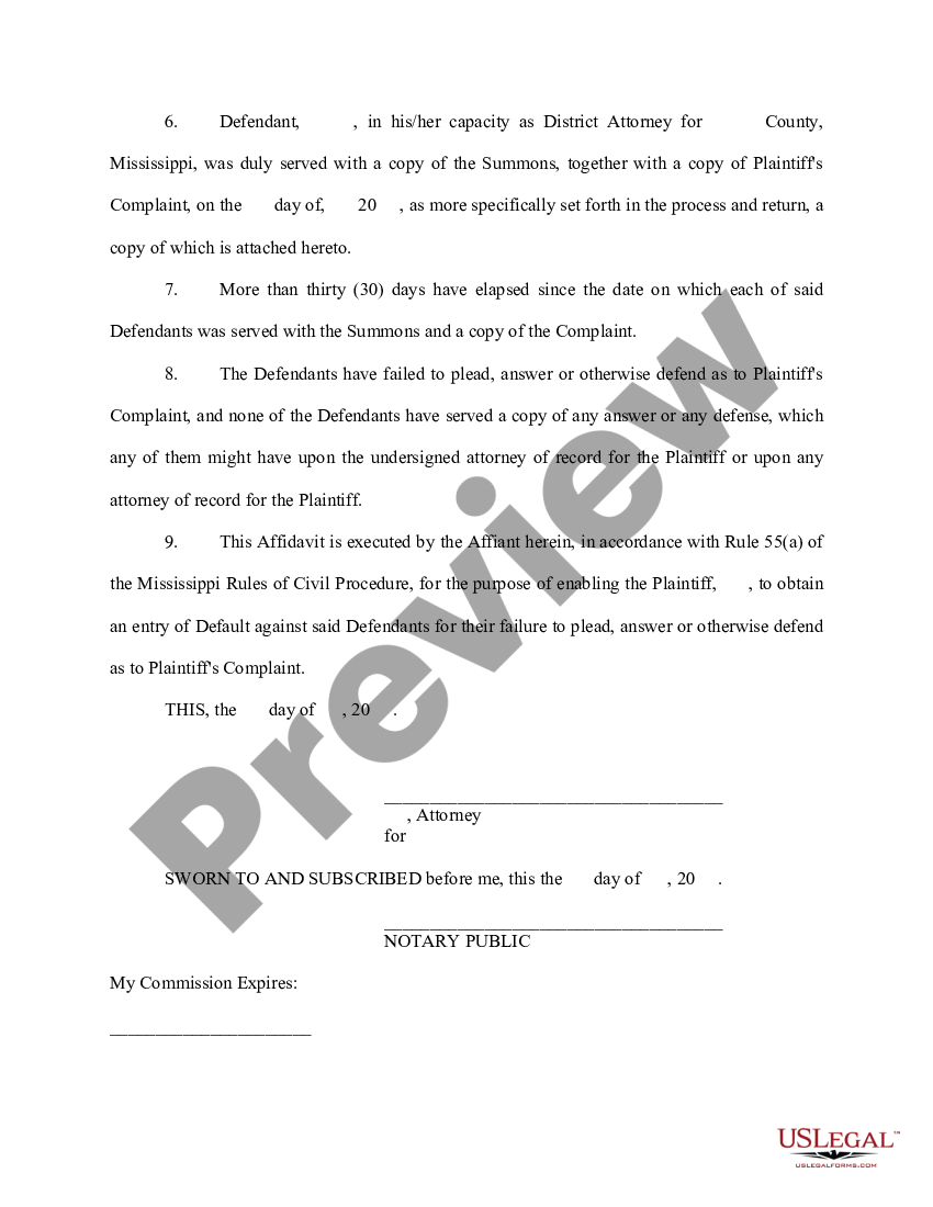 Mississippi Affidavit Regarding Default Us Legal Forms 4326