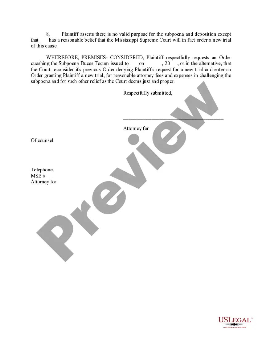 Preview Motion for Quash Subpoena Duces Tecum