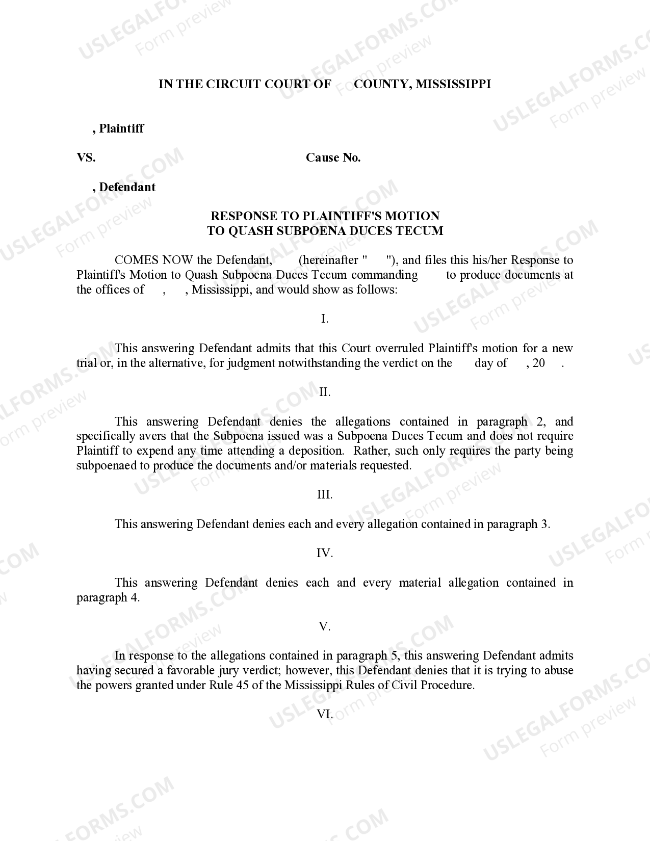 Subpoena Duces Tecum Form Mississippi