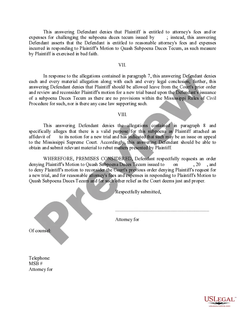 Preview Response to Motion to Quash Subpoena Duces Tecum