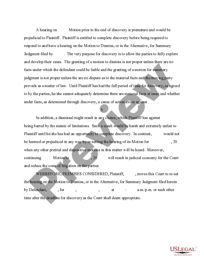 Preview Motion to Reset Hearing to Complete Discovery