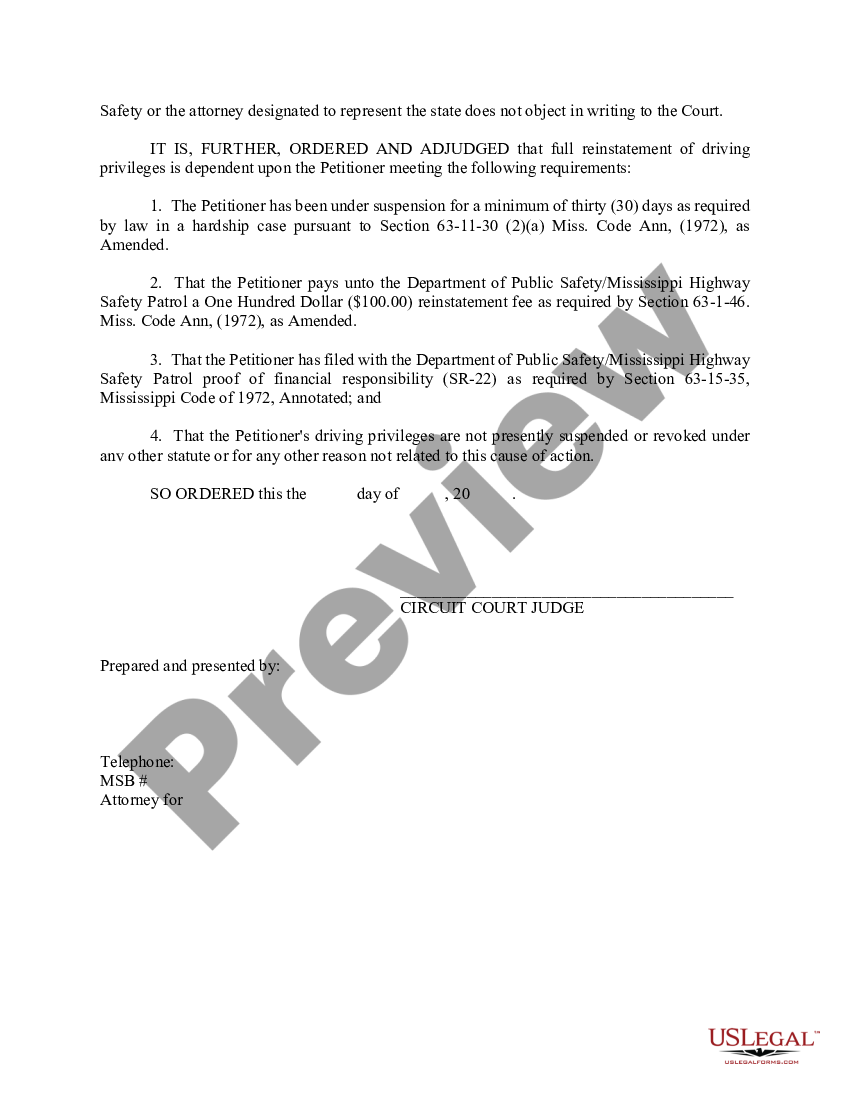 Mississippi Hardship License For Minors Us Legal Forms 3871