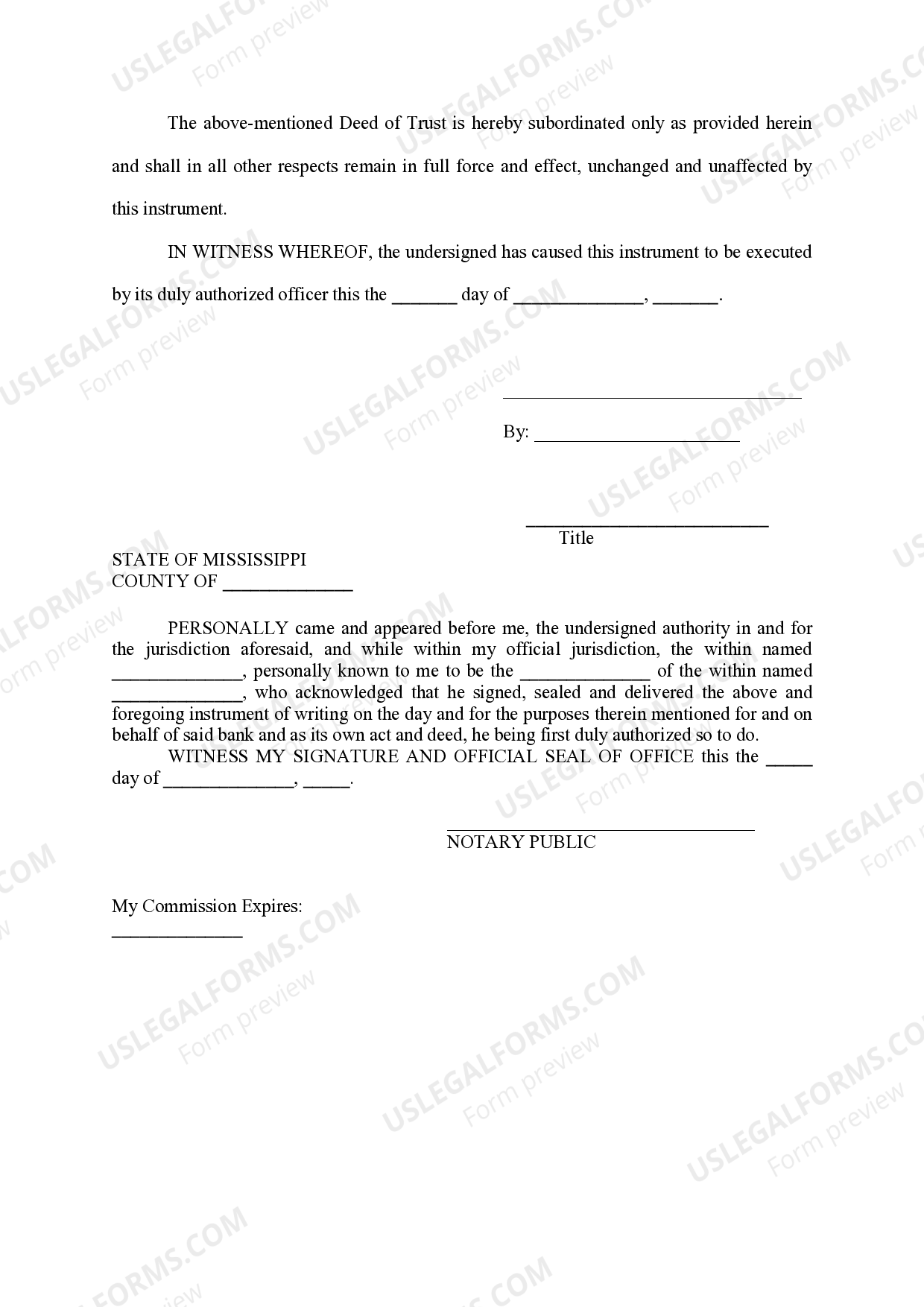 Mississippi Subordination to Easement and Maintenance Agreement US