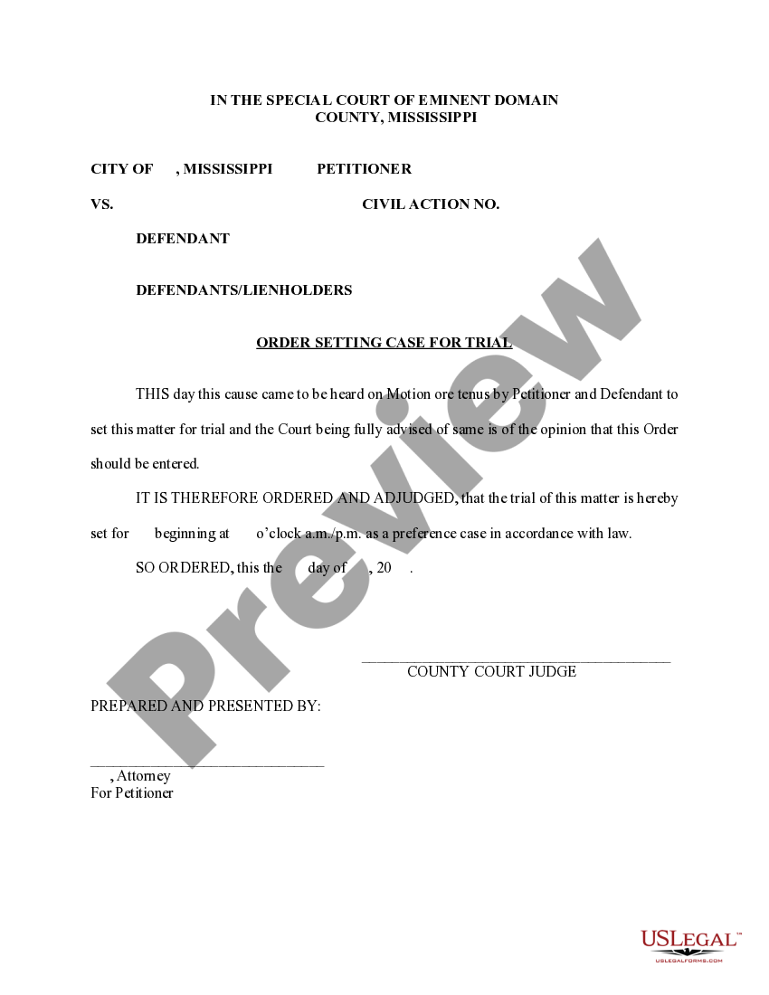 Mississippi Order Setting Case for Trial Setting Trial US Legal Forms