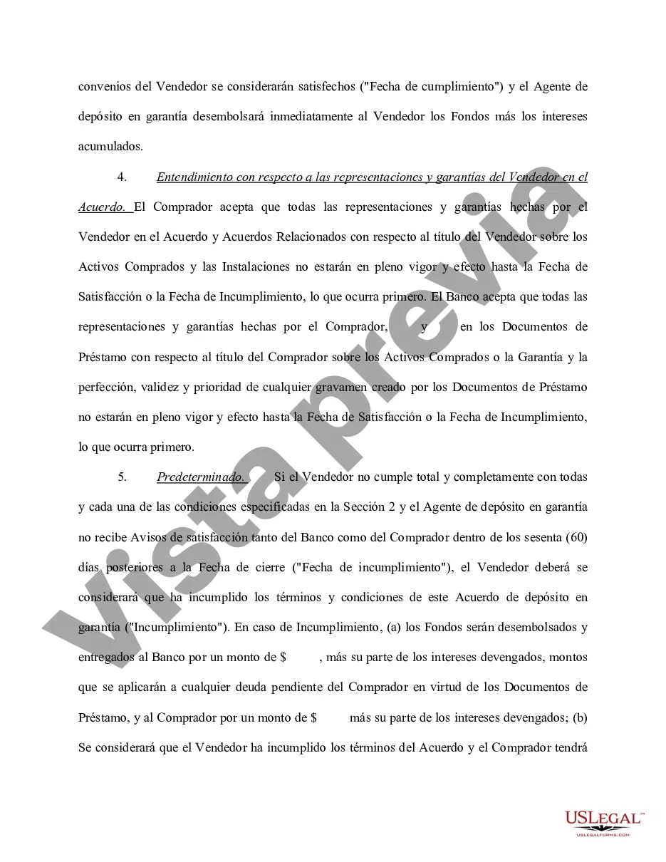 Preview Acuerdo de depósito en garantía que implica préstamo bancario