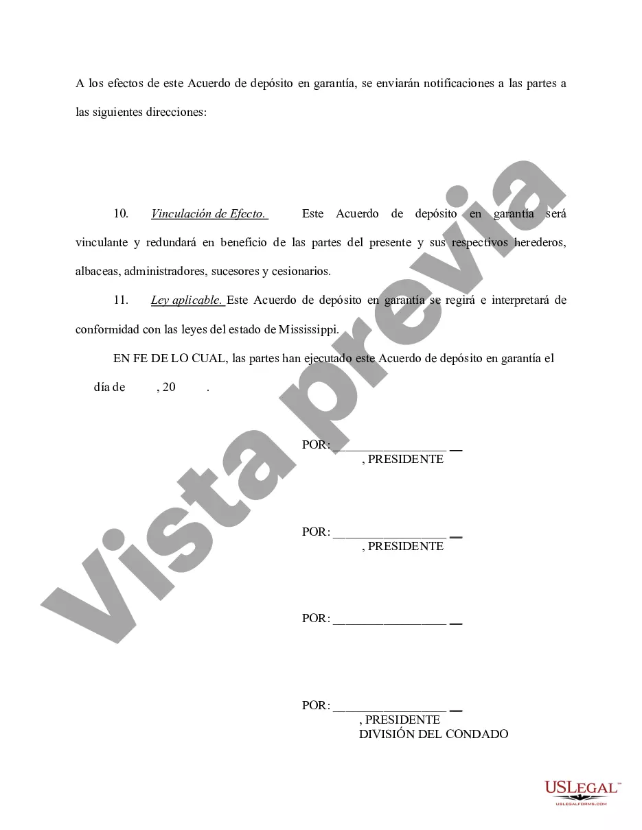 Preview Acuerdo de depósito en garantía que implica préstamo bancario