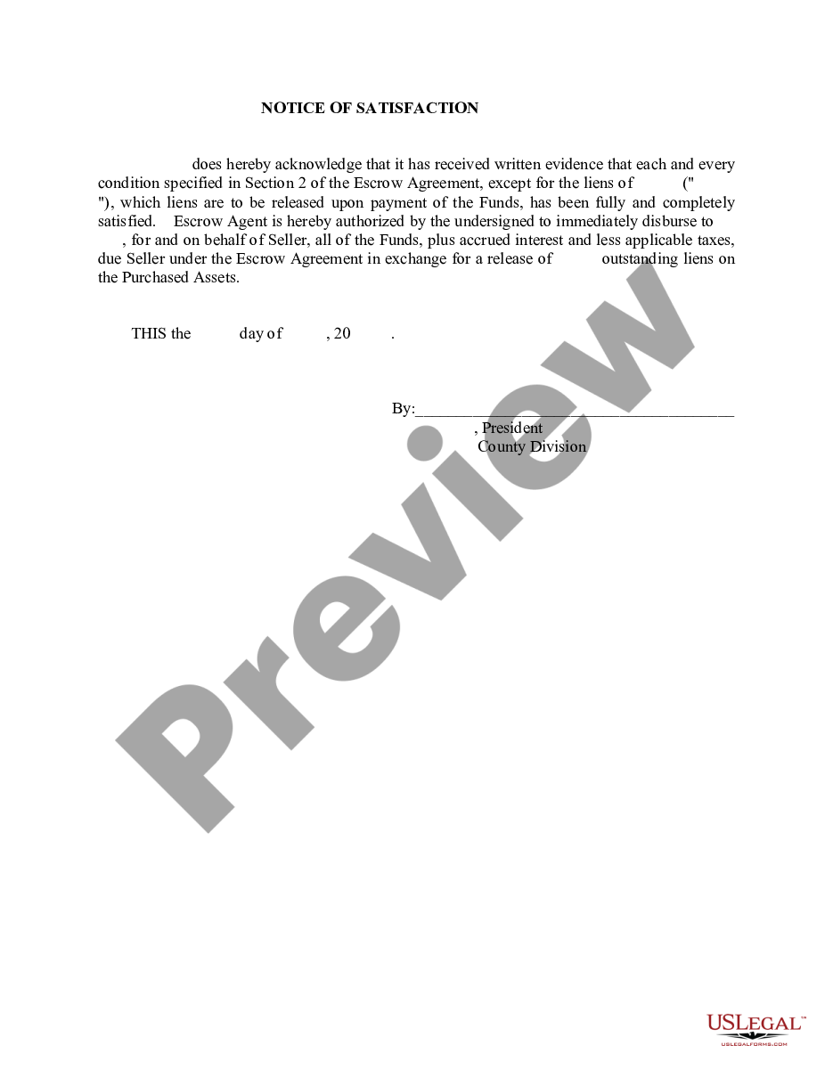 form Notice of Satisfaction of Escrow Agreement preview
