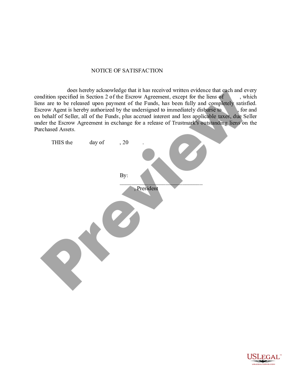 form Notice of Satisfaction of Escrow Agreement preview