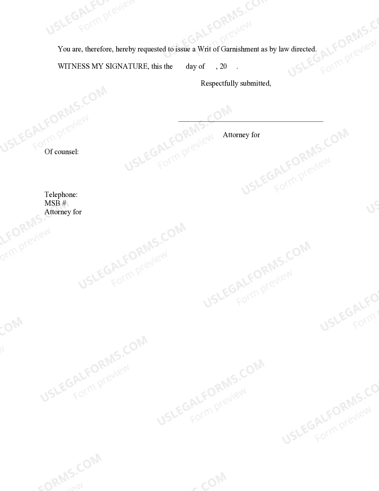 Preview Application for Writ of Garnishment