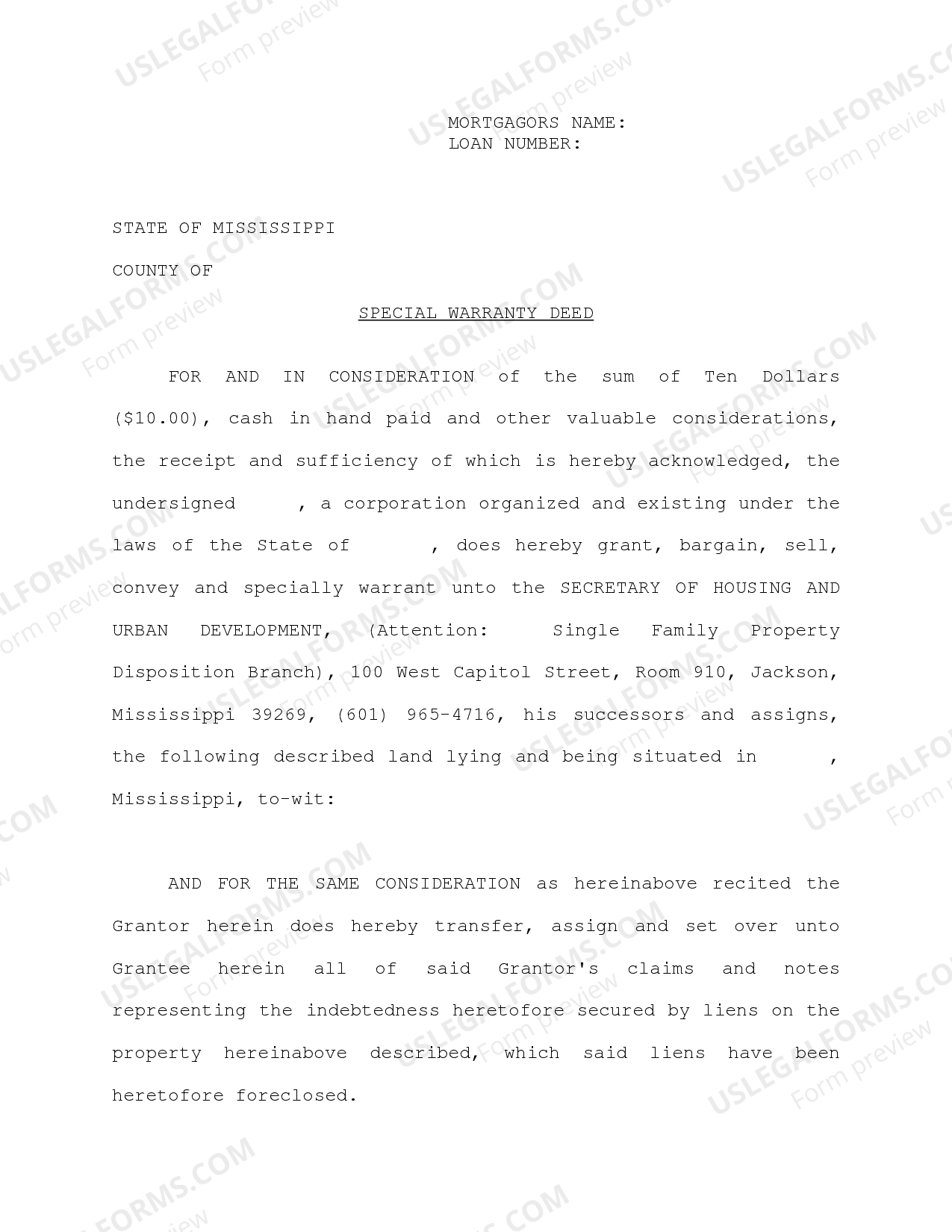 Mississippi Special Warranty Deed Mississippi Special Warranty Deed