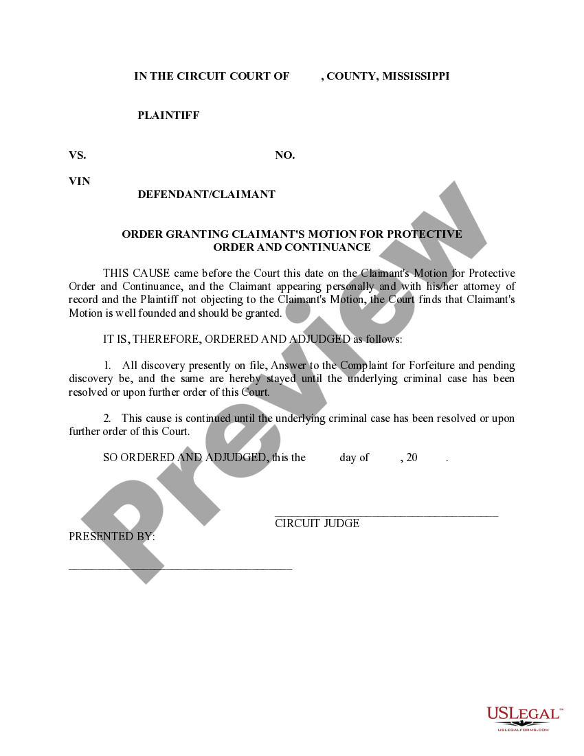 Mississippi Order Granting Protective Order Mississippi Order