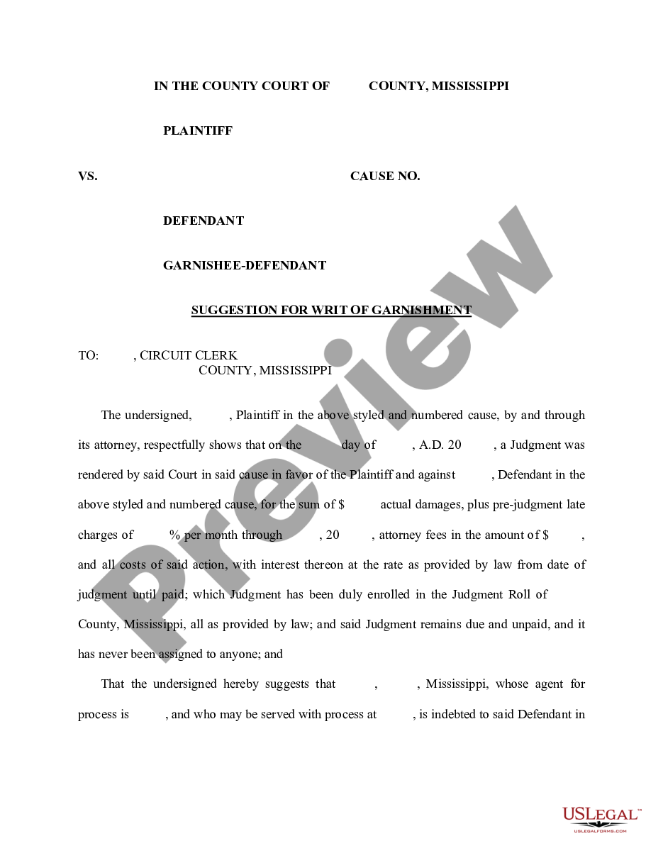 Mississippi Suggestion for Writ of Garnishment Example Letter To Stop