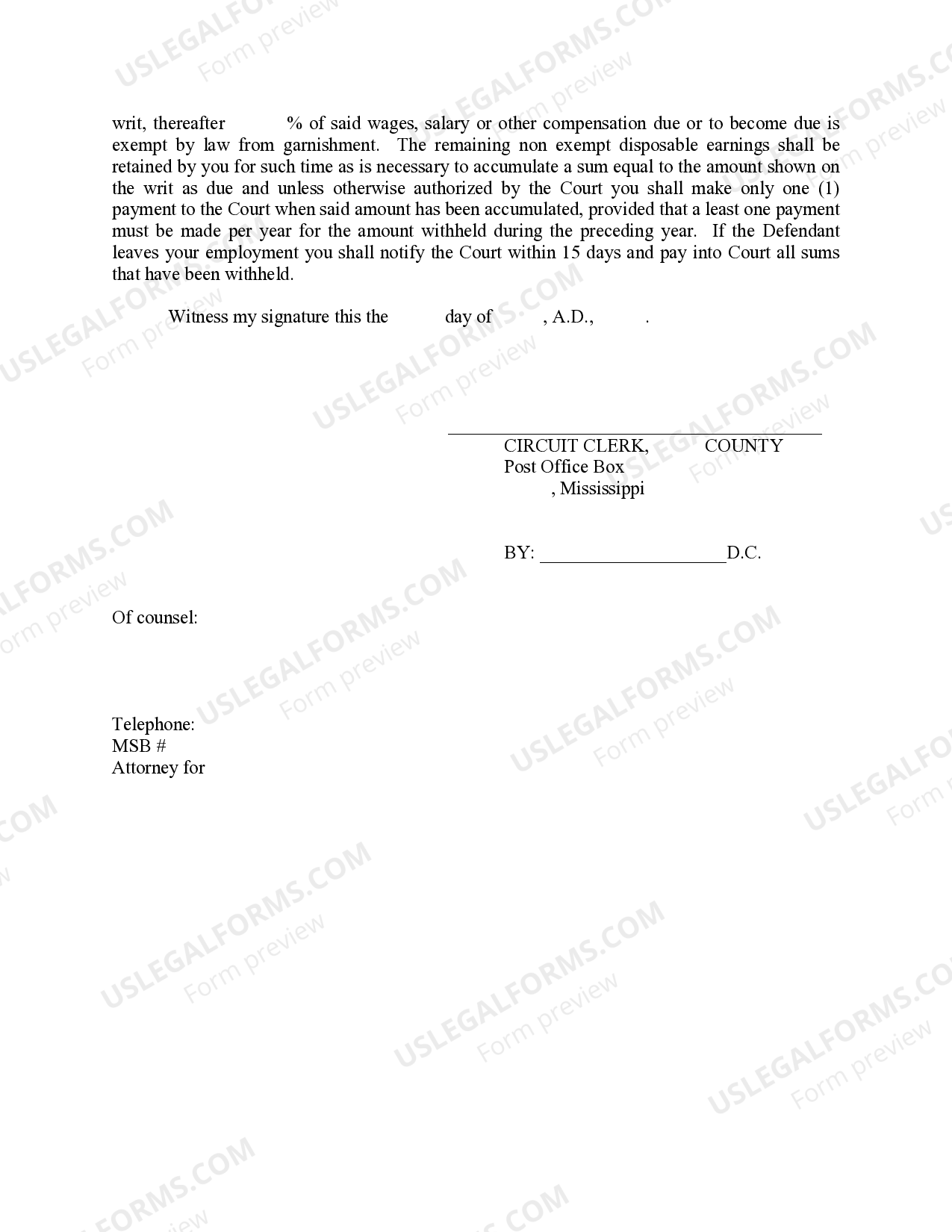 Mississippi Writ of Garnishment Garnishment US Legal Forms