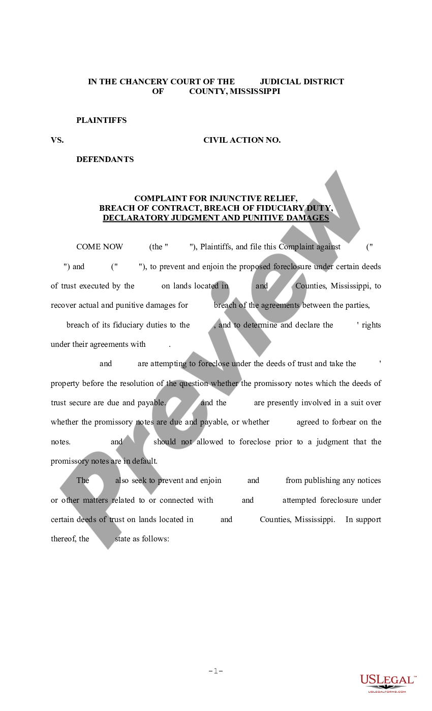 page 0 Complaint for Injunctive Relief, Breach of Contract and Fiduciary Duty preview
