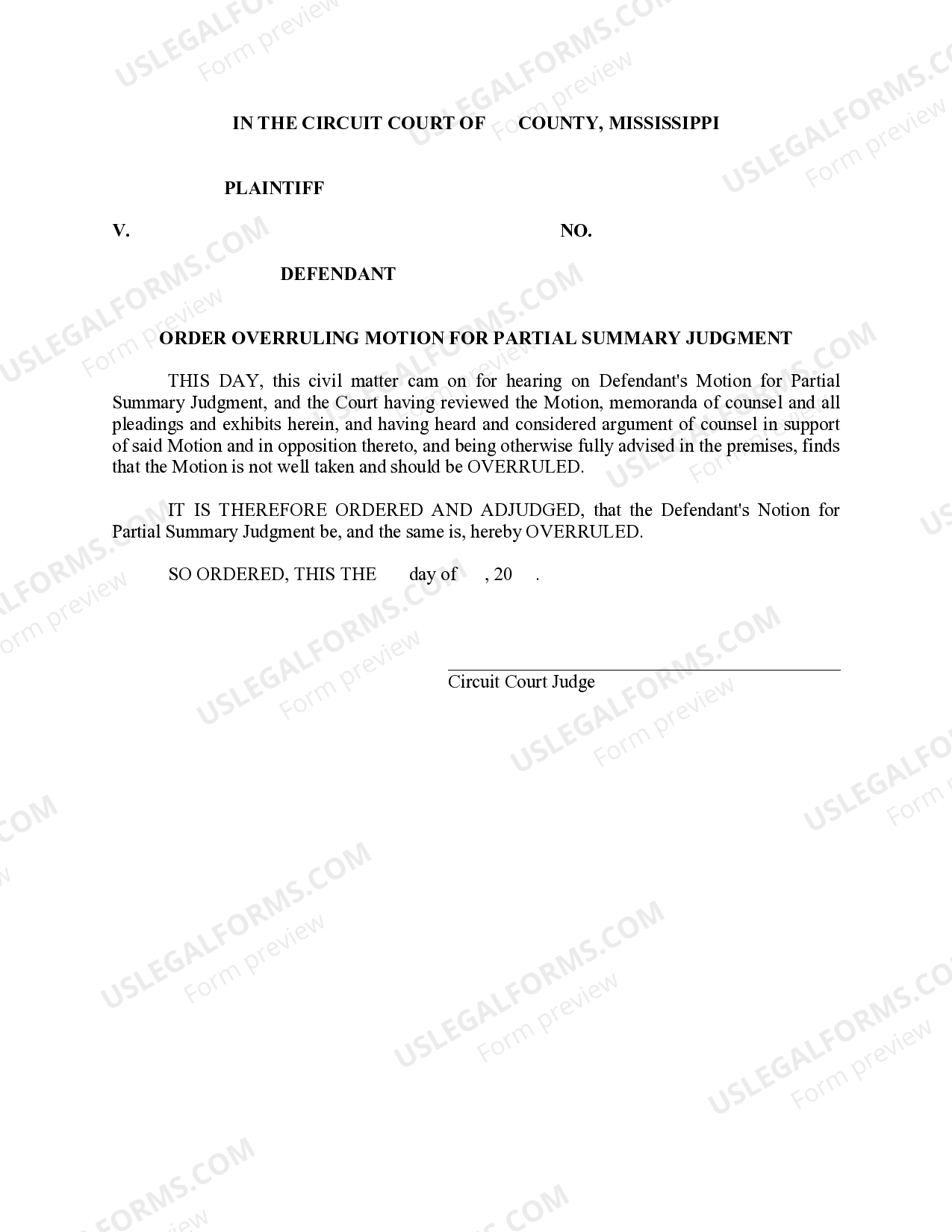 Mississippi Order denying Motion for Summary Judgment US Legal Forms