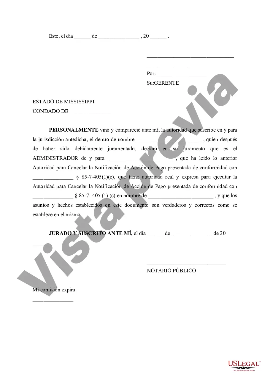 Preview Autoridad para cancelar el aviso de acción de pago
