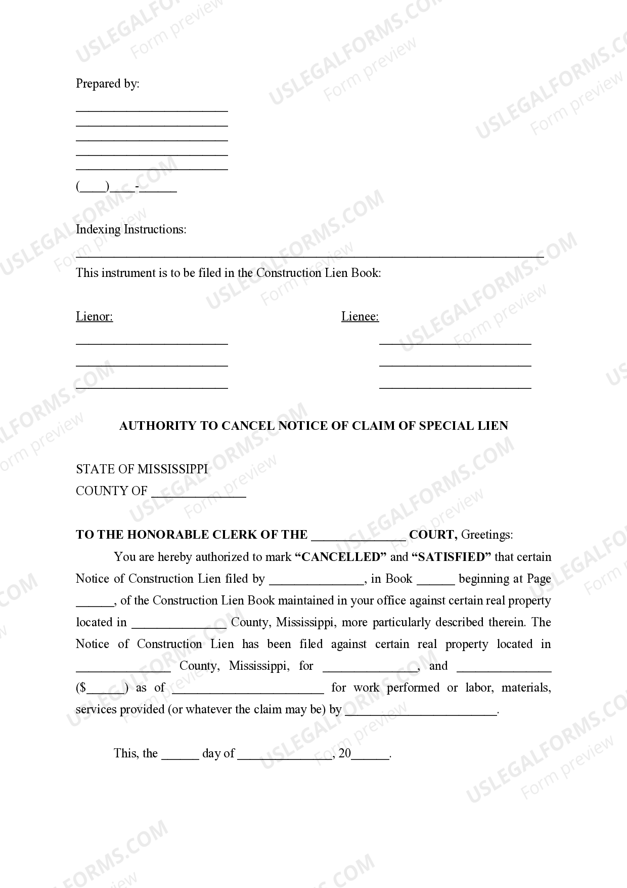 Mississippi Authority to Cancel Notice of Claim of Special Lien